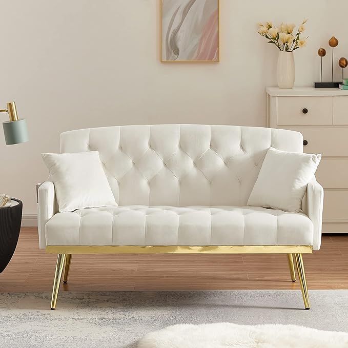 Antetek Upholstered Velvet Loveseat Sofa, Modern Small Sofa Couch with Side Pocket and Golden Met... | Amazon (US)