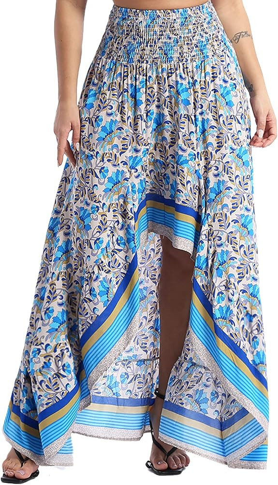 Hularka Womens Floral Print High Waist Asymmetrical Hem Maxi Skirt Casual Vacation Beach Skirts | Amazon (US)