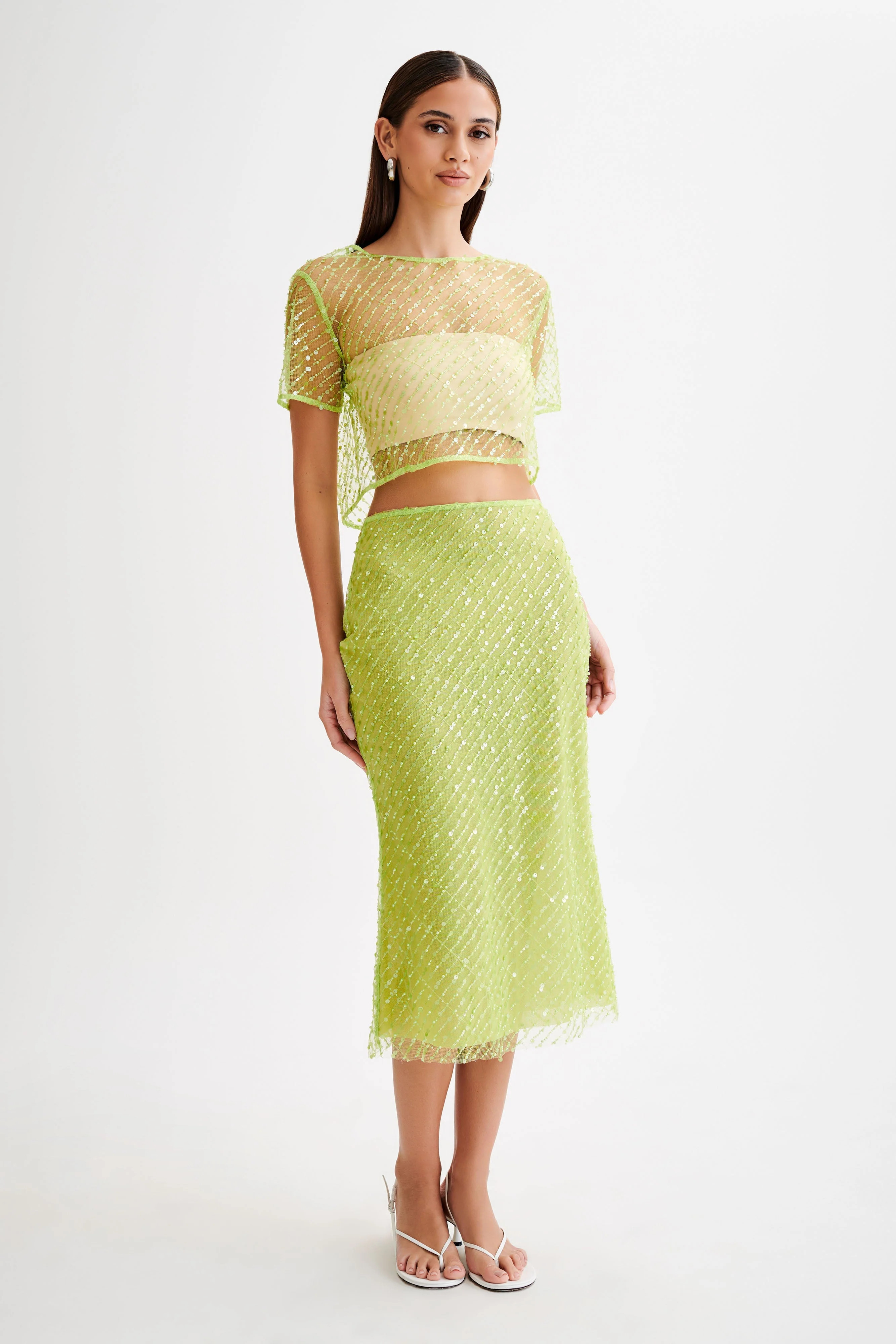Brynne Sequin Midi Skirt - Parakeet Green | MESHKI US