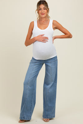 Blue Front Seam Super Wide Leg Maternity Jeans | PinkBlush Maternity