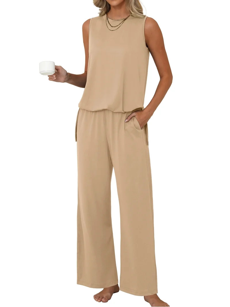 MINTREUS Lounge Sets for Women Knit Loose Tank Top Wide Leg Pants Soft Comfy Pajamas Set 2-Piece ... | Walmart (US)
