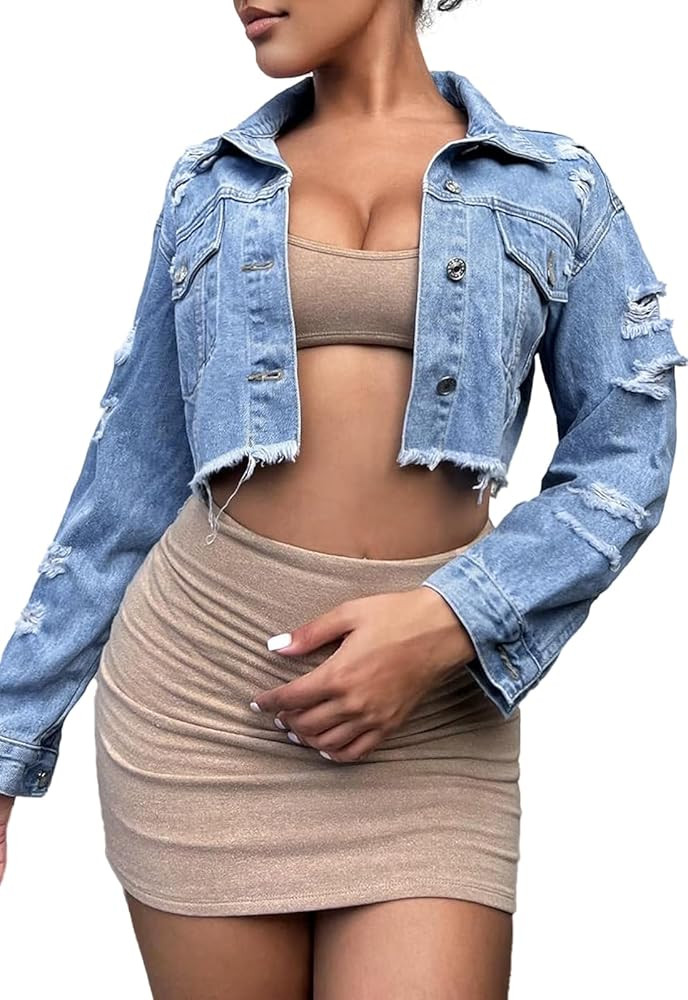 Women's Ripped Short Jean Jacket frayed Casual Denim Jacket Tops | Amazon (US)