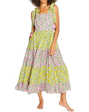 Women Summer Dresses Flowy Smocked Maxi Dress Sleeveless Tie Shoulder Boho Dresses Y2K Floral Bea... | Amazon (US)