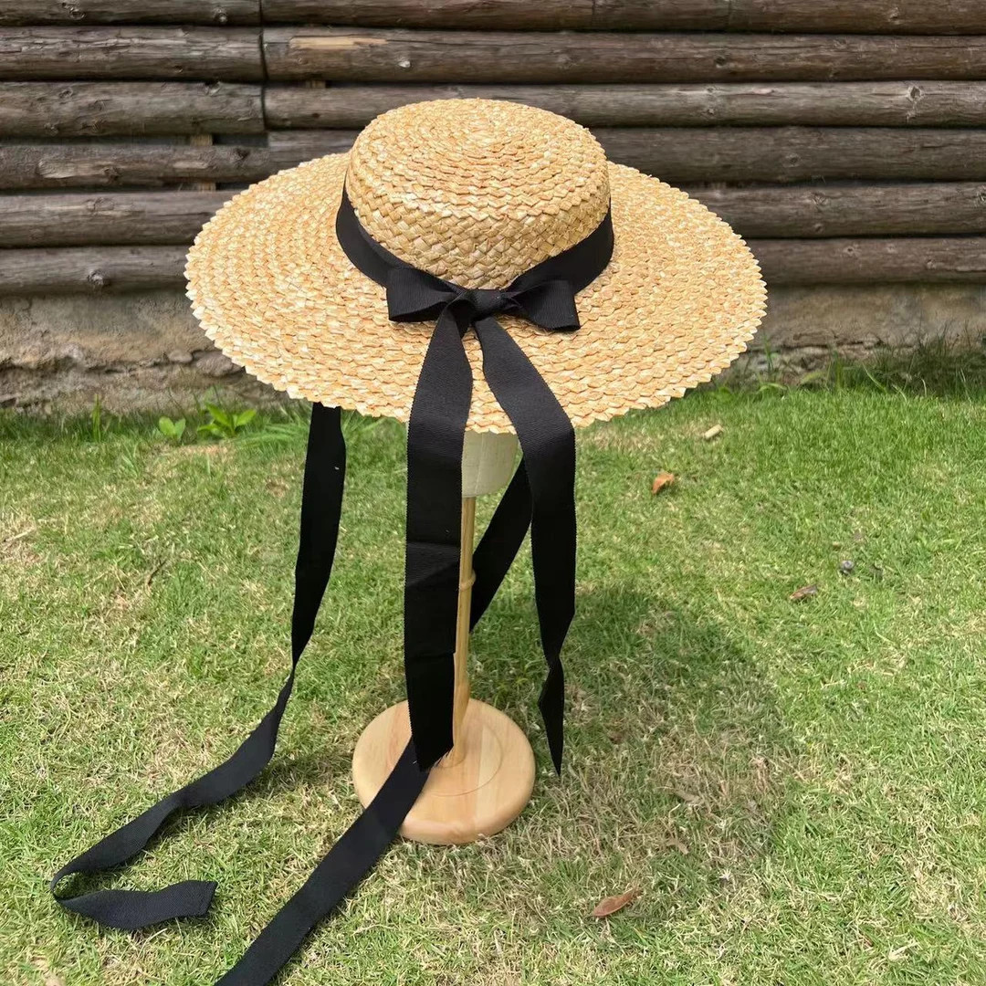 Bow Binding Pattern Woven Flat Top Straw Hat Outdoor Travel Beach Straw Hat - Etsy | Etsy (US)