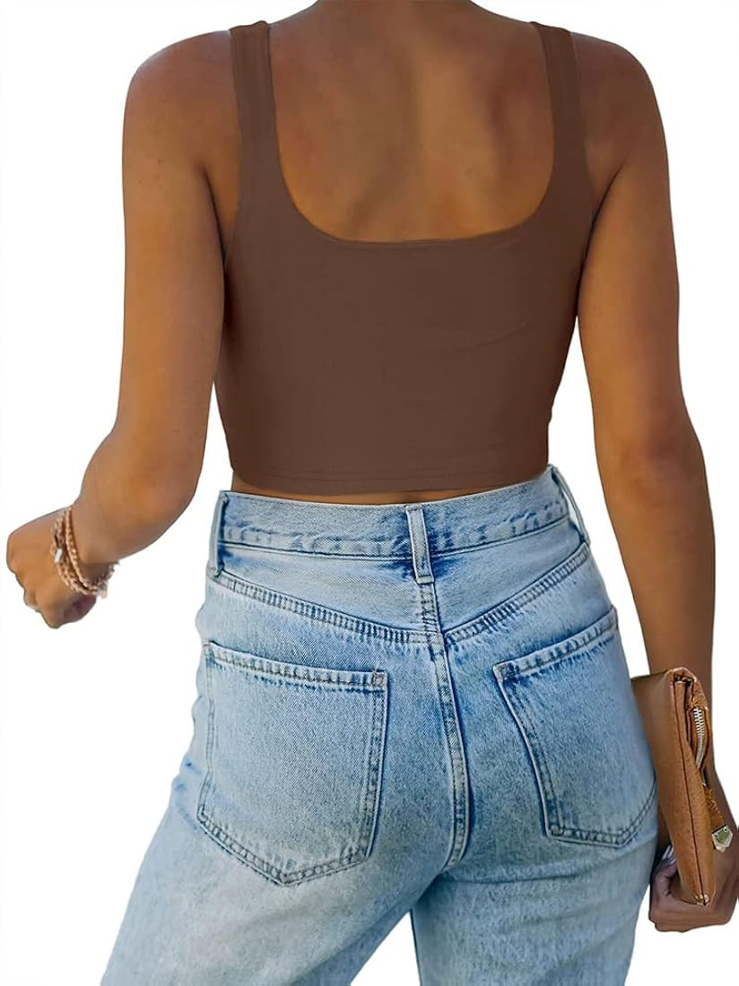 REORIA Women’s Sexy Square Neck Double Lined Seamless Sleeveless Cropped Tank Yoga Crop Tops | Amazon (US)