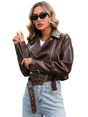 LY VAREY LIN Women Faux Leather Cropped Jacket Lapel Zipper Biker Short Coat with Belt | Amazon (US)