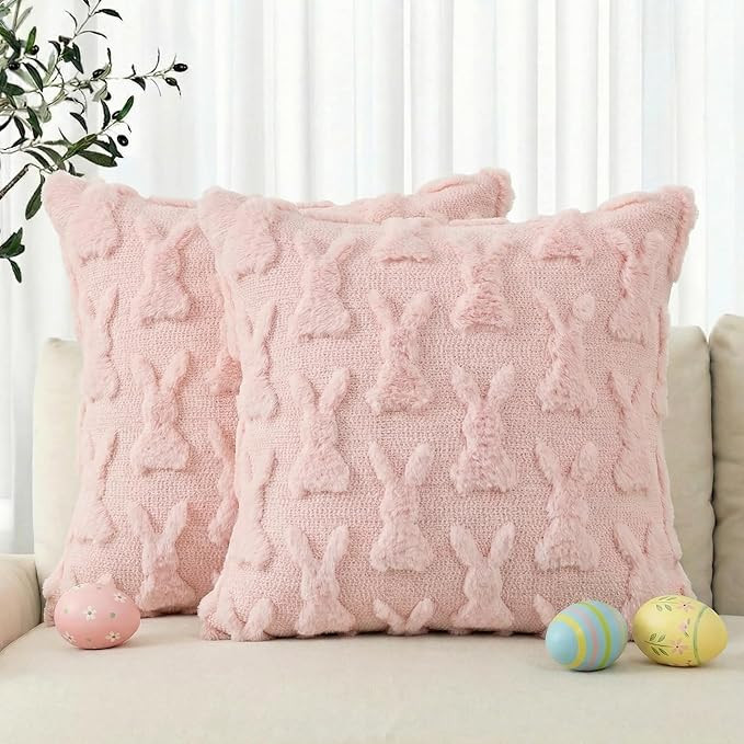 AVOIN colorlife Easter Rabbits Pink Throw Pillow Covers, 18 x 18 Inch Bunny Soft Plush Faux Fur J... | Amazon (US)