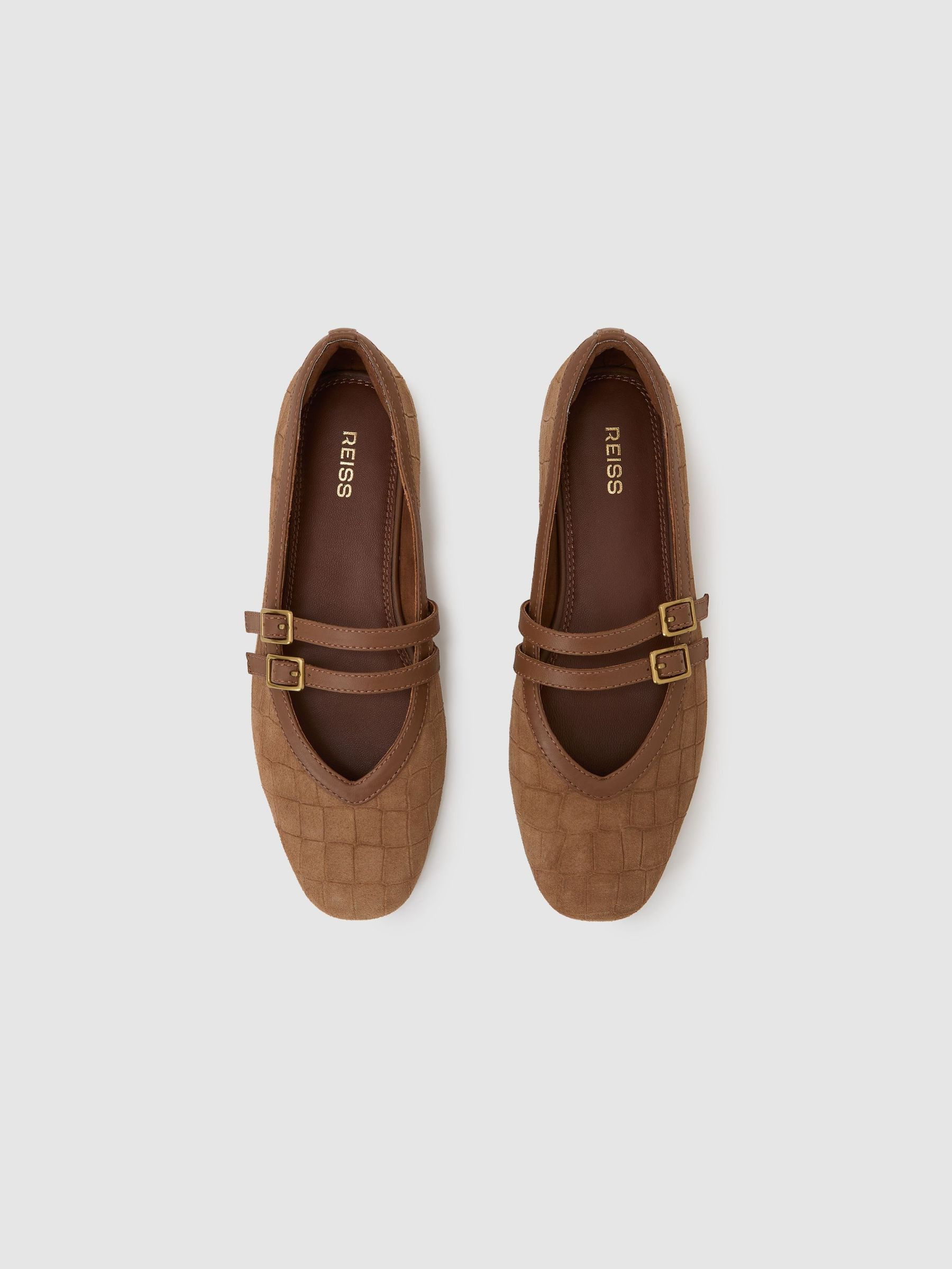 Reiss Suede Croc-Embossed Ballet Flats in Tan - REISS | Reiss UK