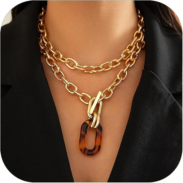 Vivian&CD Chunky Gold Leopard Scarf Necklace for Women, Layered Brown Acrylic Statement Fashion N... | Amazon (US)