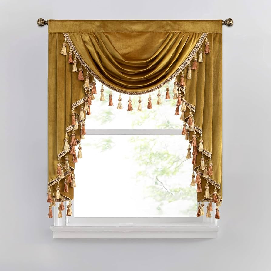VOGOL Thick Velvet Curtains Valance for Bedroom, Gold Thermal Insulated Luxury Waterfall Valances... | Amazon (US)