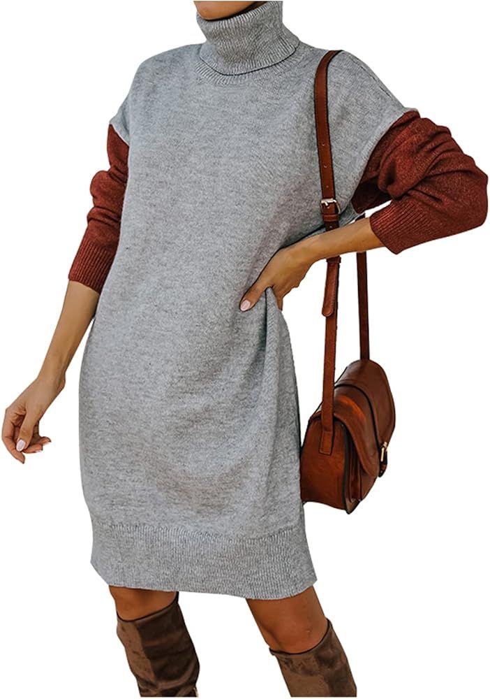 NALANISA Turtleneck Long Sleeve Mini Sweater Dress Relaxed Fit Oversized Knit Color Block Soft Pu... | Amazon (US)