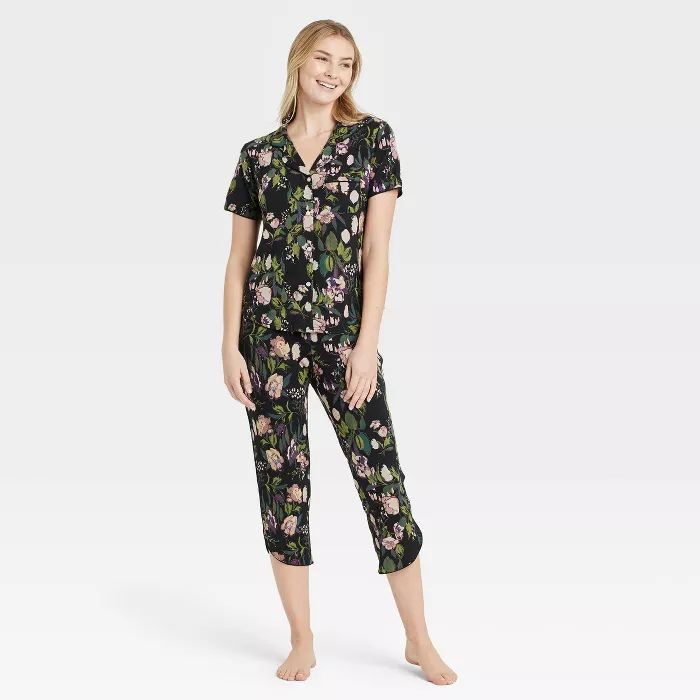 Women's Floral Print Beautifully Soft Crop Notch Collar Top and Pants Pajama Set - Stars Above™... | Target