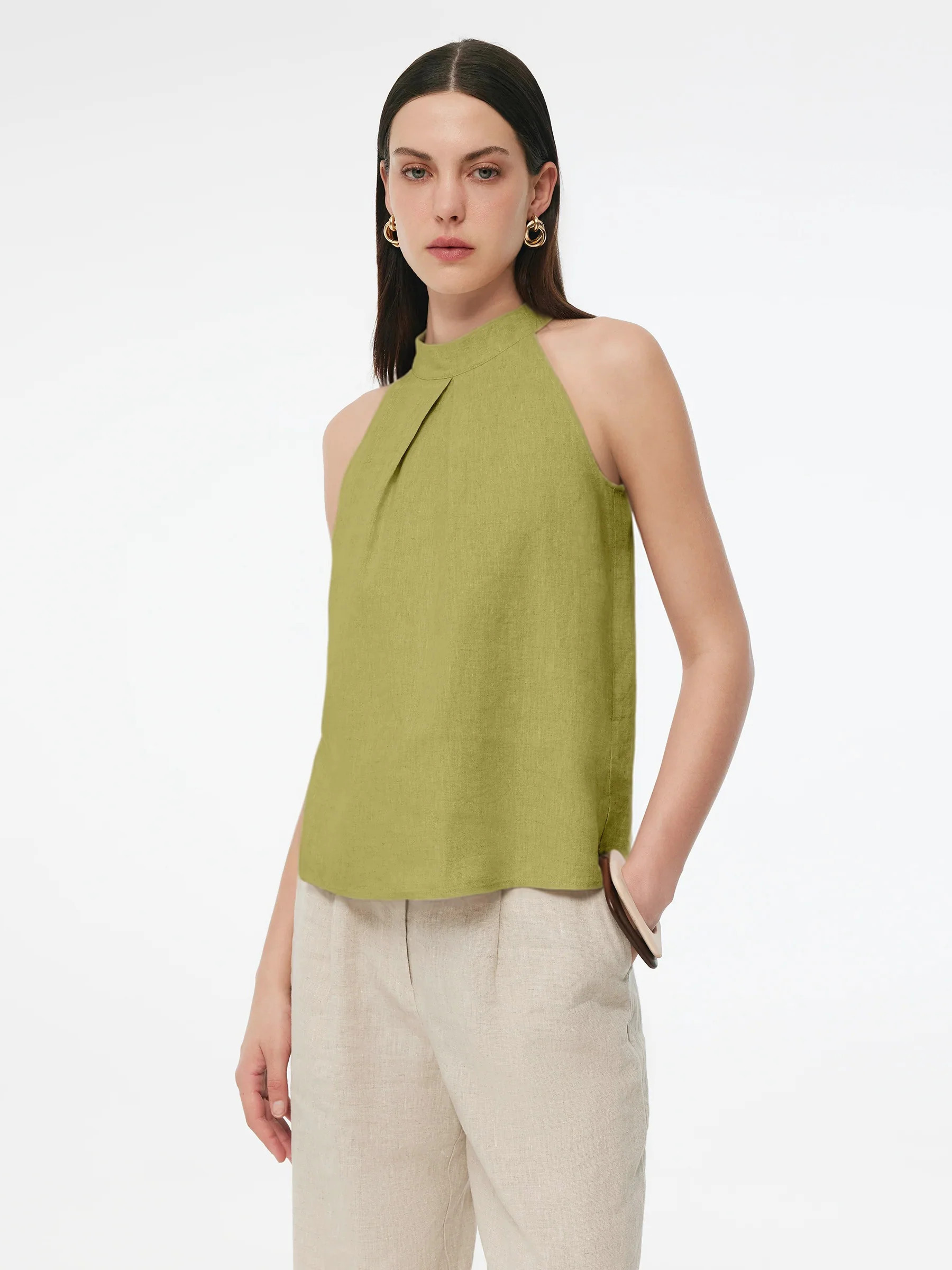 100% Linen Women Halter Tank Top - Light Green Tea / S | GOELIA