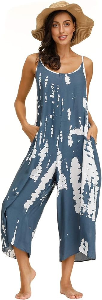 wexcen Womens Floral Printed Jumpsuits Casual Sleeveless Spaghetti Strap Rompers Wide Leg Pants w... | Amazon (US)