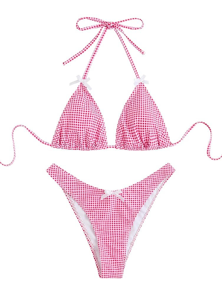 GORGLITTER Women's Gingham Bikini Set Bow High Cut Thong Halter Triangle Top Cheeky Cute 2025 Swi... | Amazon (US)