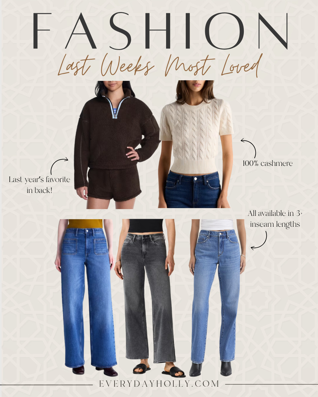 Last week’s most loved fashion finds 🤎 These pieces are all about easy fall dressing, from cozy layers and luxe basics to denim that actually comes in multiple inseam lengths. The perfect mix of comfort and everyday style.
fall fashion finds, fall wardrobe staples, cozy fall outfits, cashmere sweater, fleece pullover, wide leg jeans, petite jeans, jeans with length options, fall denim, everyday style, EverydayHolly 

 #LTKootd #LTKSeasonal #LTKOver40