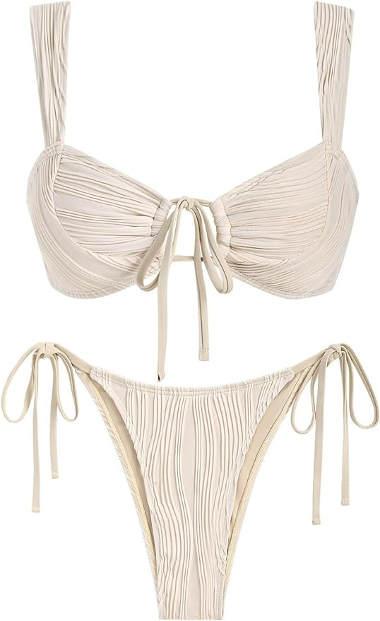 ZAFUL Women's Cinched Bikini Solid Color Wave Textured Knotted Tied Side Two Piece Swimsuit Bathi... | Amazon (US)