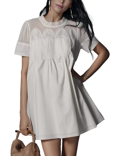 Shiyifa Womens Babydoll Lace Patchwork Dresses Summer Short Sleeve Ruffle Sundress Loose Crew Neck A-Line Dresses(White-S) | Amazon (US)