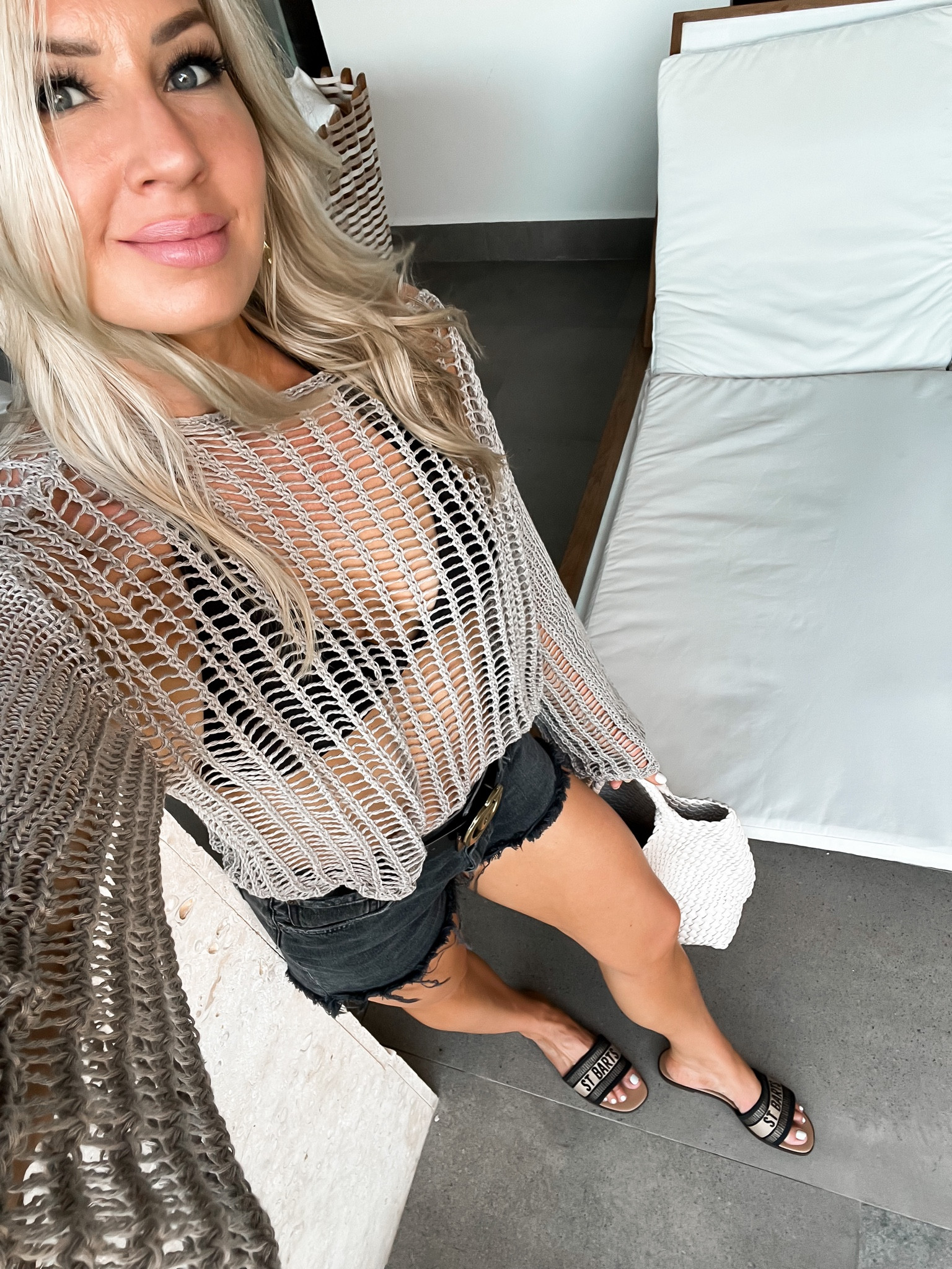 Swim cover sweater, black denim shorts, slides 
Weave bag 
Cupshe 

#LTKstyletip #LTKswim #LTKfindsunder50