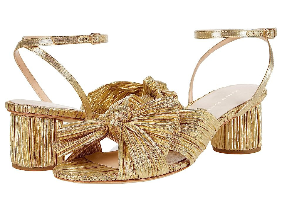 Loeffler Randall Dahlia Pleated Knot Mule with Ankle Strap High Women's Heels Gold : 5.5 B - Medium, Textile | Zappos