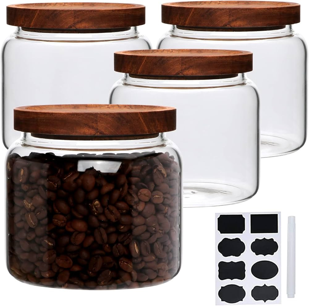 Glass Jars,Set of 4 Glass Food Storage Containers with Wooden Lids,Clear Glass Canister Sets for ... | Amazon (US)