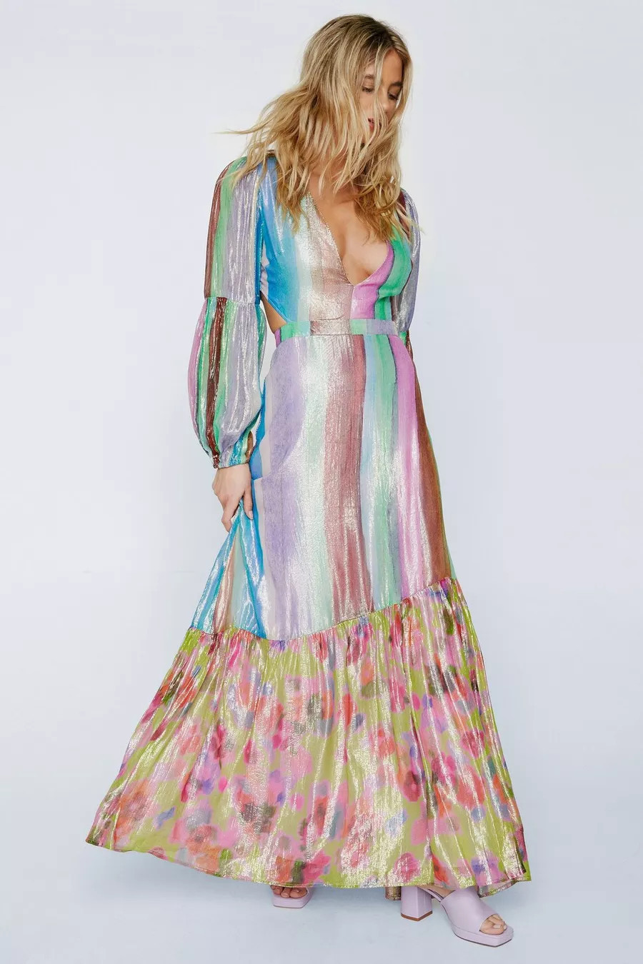 Floral Border Print Open Back Metallic Maxi Dress | Nasty Gal US