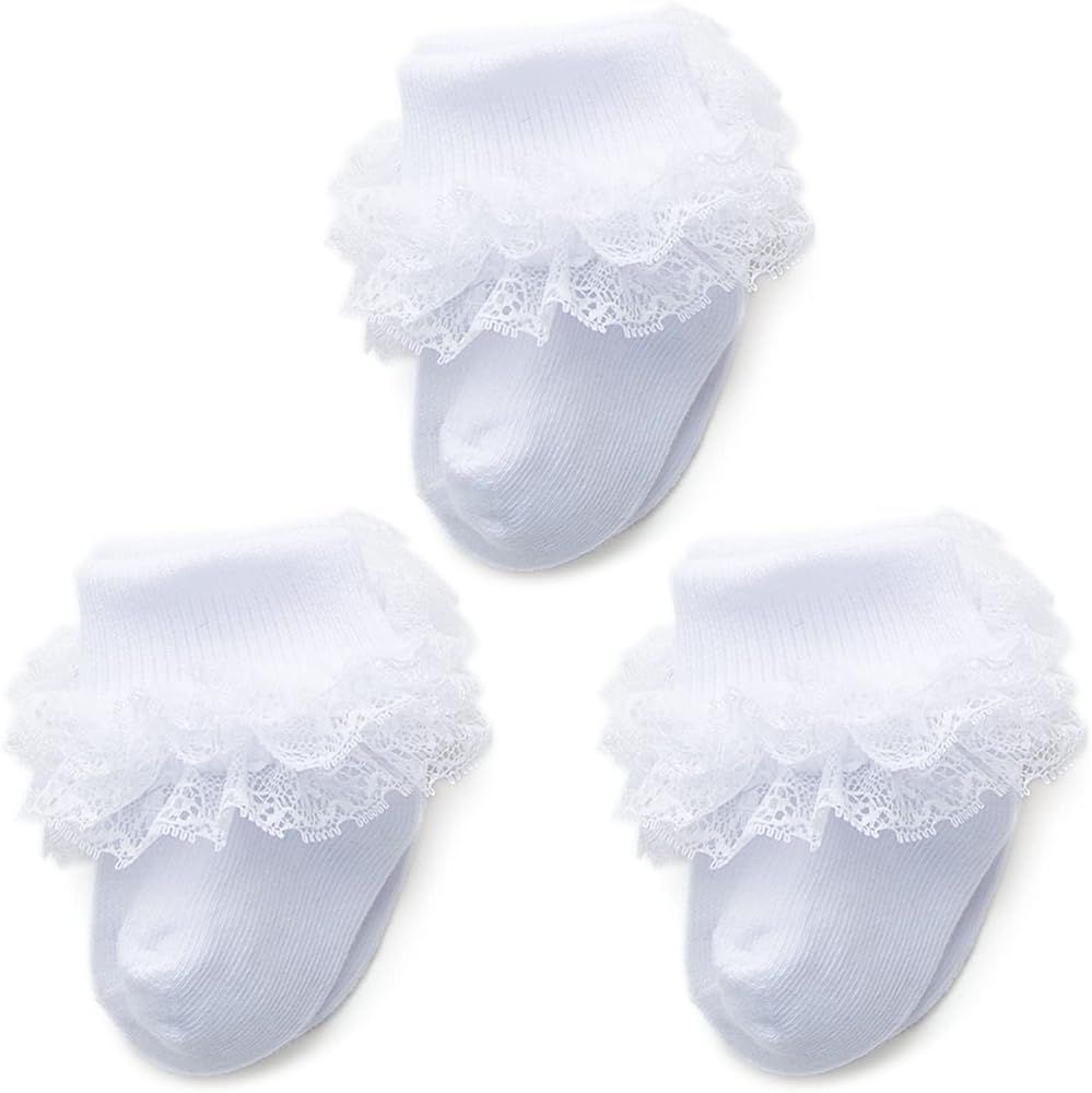 Baby Girl Socks Eyelet Triple Lace Ruffle Socks Turn Cuff Socks 2/3/5 Pairs Ankle Dress Sock for ... | Amazon (US)