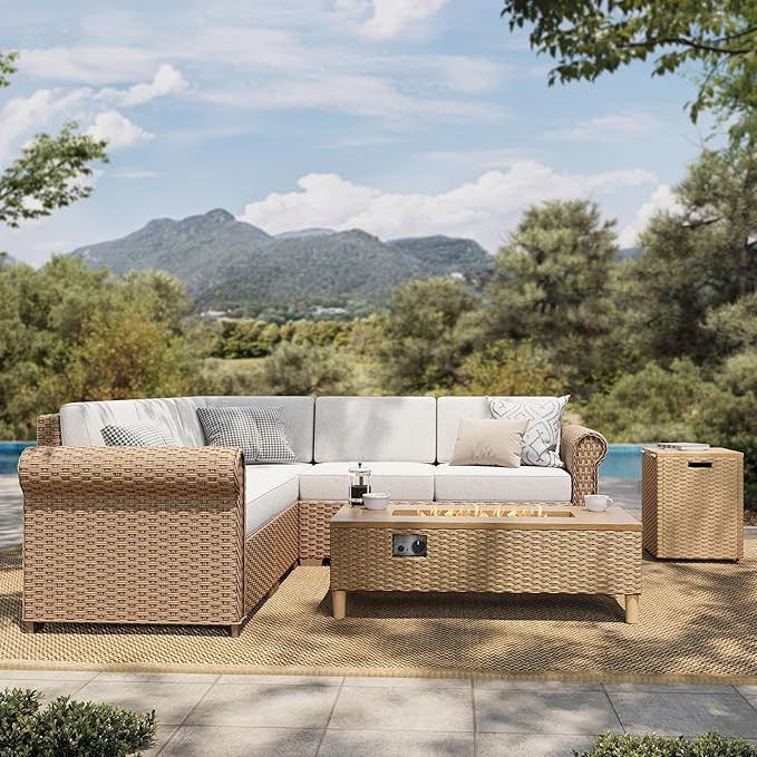 HERA'S HOUSE 6 Piece Patio Furniture Set, Outdoor Sectional Wicker Sofa with Fire Pit Table, 5.5"... | Amazon (US)