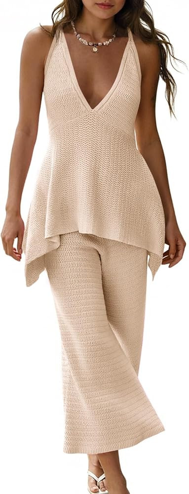 Tankaneo Womens 2 Piece Knit Sets Summer Vacation Outfits Deep V Neck Flowy Tank Tops Wide Leg Pa... | Amazon (US)