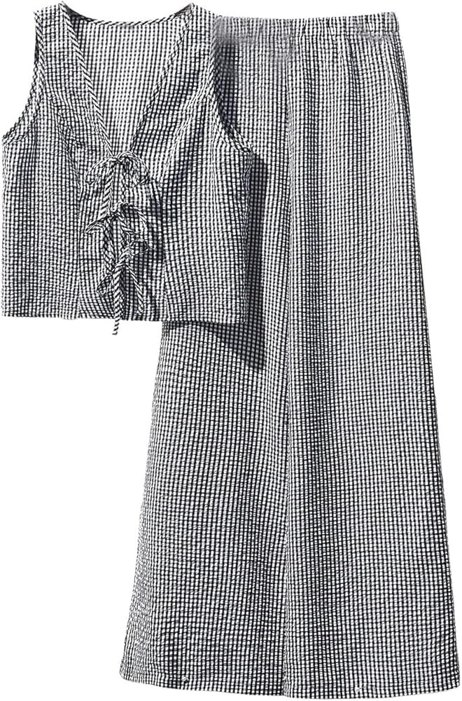 SweatyRocks Women's Plaid Outfit Tie Front Sleeveless Top and Wide Leg Pants Clothing Set | Amazon (US)