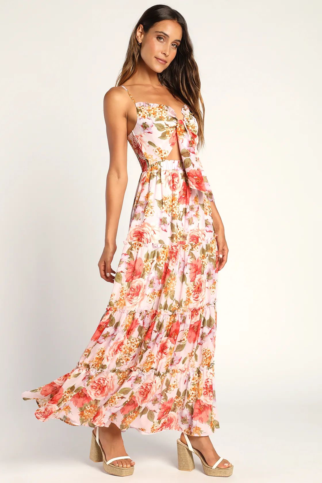 Elegant Enchantment Light Pink Floral Print Tie-Front Maxi Dress | Lulus (US)