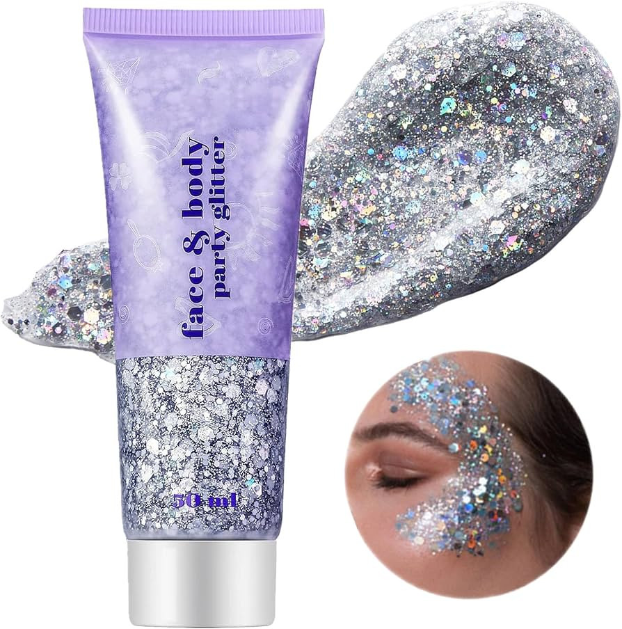 Go Ho Silver Face Body Glitter Gel,Singer Concerts Silver Face Paint Makeup,Holographic Chunky Gl... | Amazon (US)