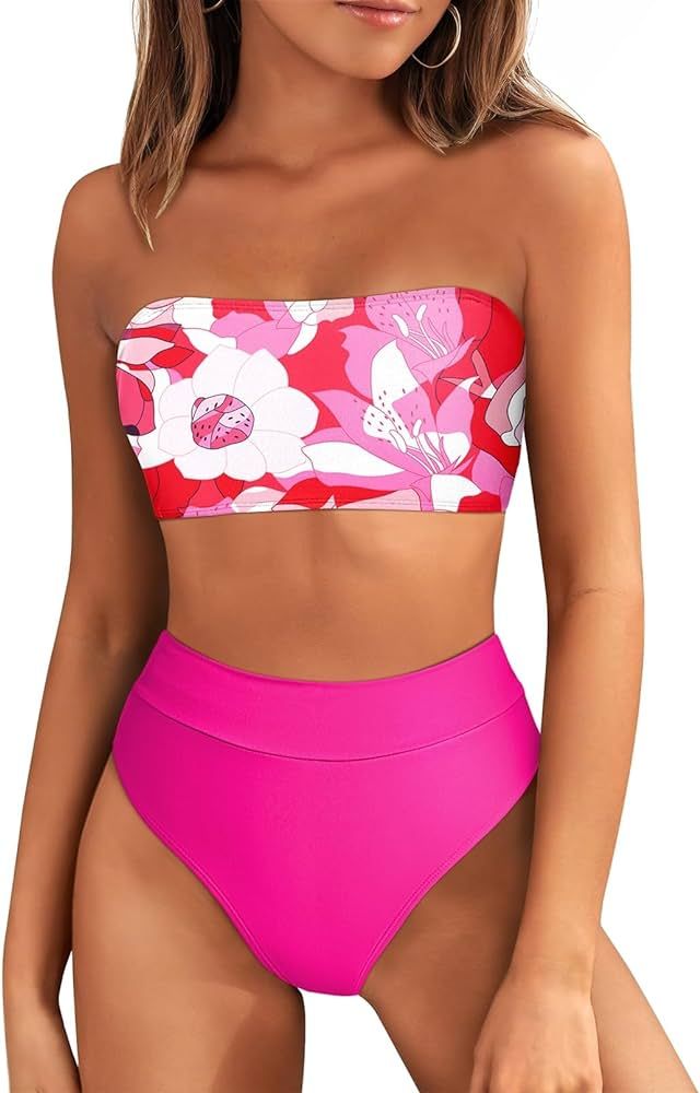 Pink Queen 2 Piece Swimsuit Women Sexy Bandeau Bikini Top Push Up High Leg High Waisted Bathing S... | Amazon (US)