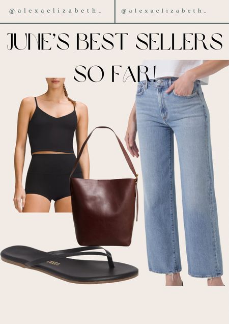 June best sellers! 
Most comfy jeans ever! TTS. 
Leather flips are tts and go with everything!
Bucket bag is a staple for sure!!
Matching align set. Size 8  

#LTKFitness #LTKItBag #LTKShoeCrush