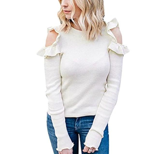 BSGSH Womens Sexy Cold Shoulder Ruffle Tops Long Sleeve O Neck Tunic Shirt Blouses | Amazon (US)