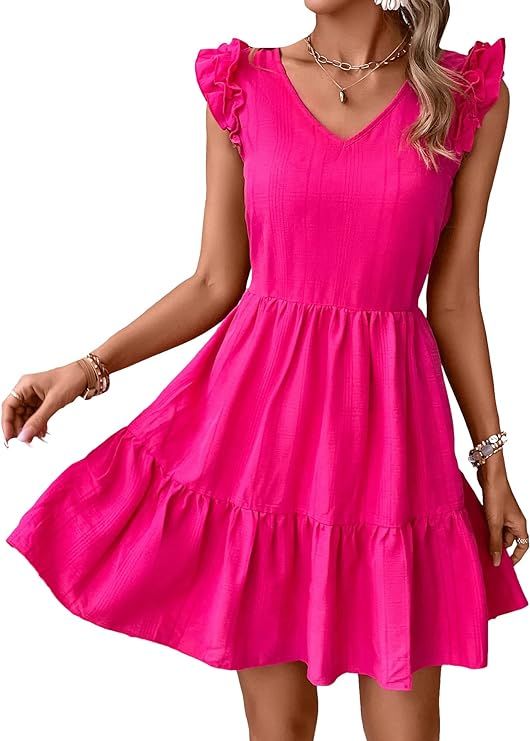 MakeMeChic Women's Ruffle Cap Sleeve V Neck Tiered A Line Swing Short Dress Smocked Summer Dress | Amazon (US)