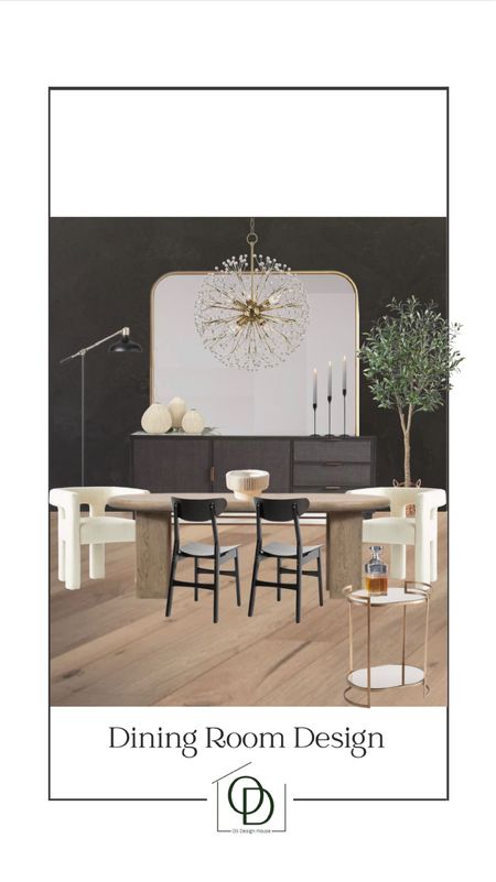 A moody luxurious dining room with Boucle side chairs, black minimal dining chairs, an extra large floor mirror tucked behind a black cane sideboard, artificial olive tree, stunning curved dining table, a brass bar cart and modern chandelier  

#LTKunder100 #LTKhome #LTKsalealert