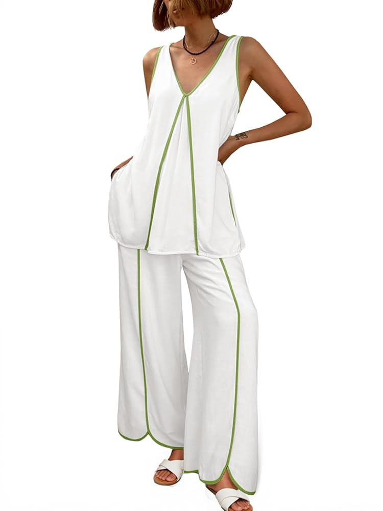 Cicy Bell Womens Summer Lounge Sets V Neck Sleeveless Tunic Tops Pajamas Sets Comfy Loungwear Wid... | Amazon (US)