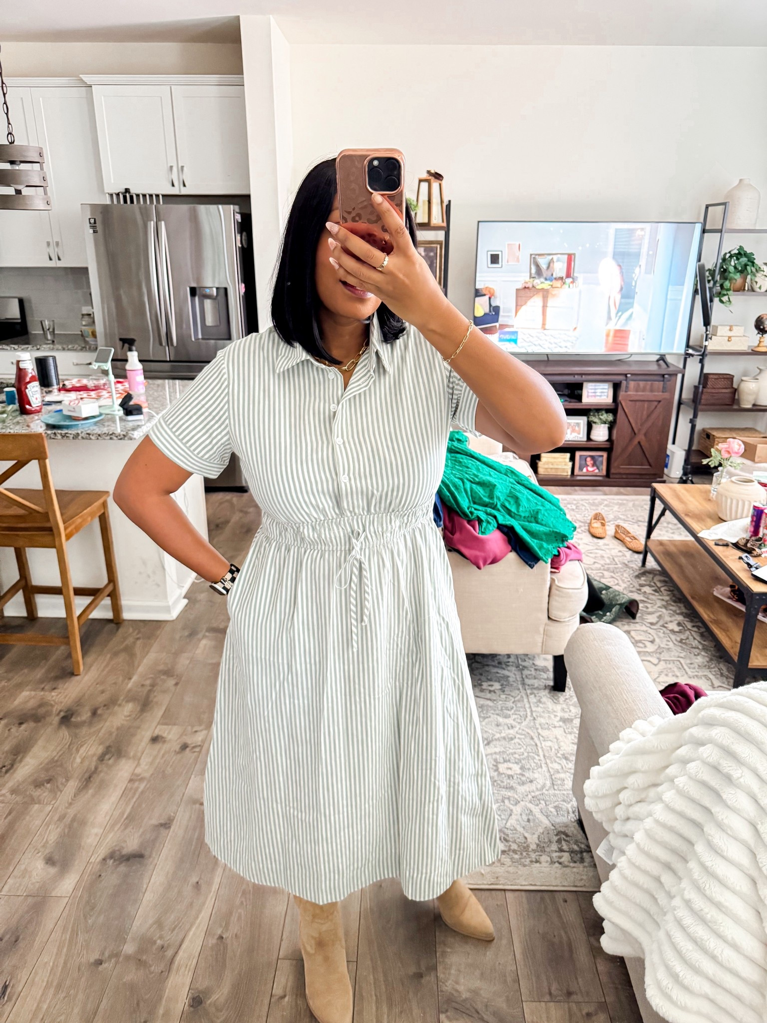 Will I ever have a clean background to take a mirror selfie?? 🤷🏽‍♀️ but the dress is giving modest. She’s giving teacher. She’s giving I’m on the usher board. 

Wearing size large as a size 12 DDD and fits tts. Size up if you want more room  

#LTKSeasonal #LTKootd #LTKMidsize