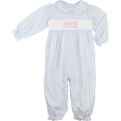 Pink And Green Vintage Floral Custom Smocked Long Bubble | Cecil and Lou