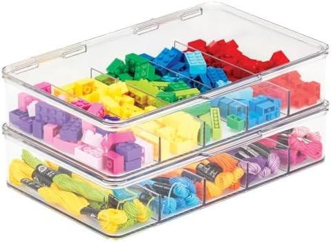 mDesign Plastic Divided Toy Bin Organizer with Hinge Lid for Closet, Cupboard, Cabinet - 5 Sections - Holds Building Blocks, Markers, Coloring Books, Action Figures - Ligne Collection, 2 Pack - Clear | Amazon (US)