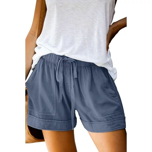 ONLYSHE Womens Drawstring Shorts with Pockets Summer Beach Casual Elastic Shorts Blue L | Walmart (US)