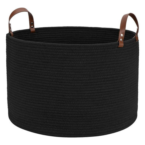 LONTAN Large Blanket Baskets Cotton Rope Basket for Throws Black Laundry Hamper with Leather Hand... | Walmart (US)