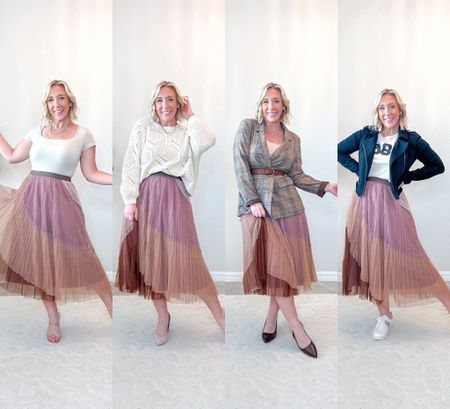 Pleated tulle skirt - one size. 
Bodysuit - size medium.
Sweater - size medium.
Plaid blazer - size small.
Graphic tee - size small.
Moto jacket is old (sorry!) but I linked a similar. 

Skirt would be cute for a fancy thanksgiving or friends-giving!

#LTKstyletip #LTKSeasonal #LTKfindsunder50