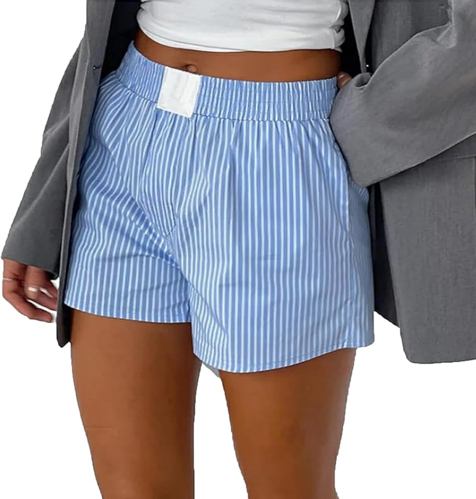 Womens Plaid Striped Boxer Shorts Elastic Waist Pajama Shorts Cute Gingham Sleepwear Y2k Sleeping... | Amazon (US)