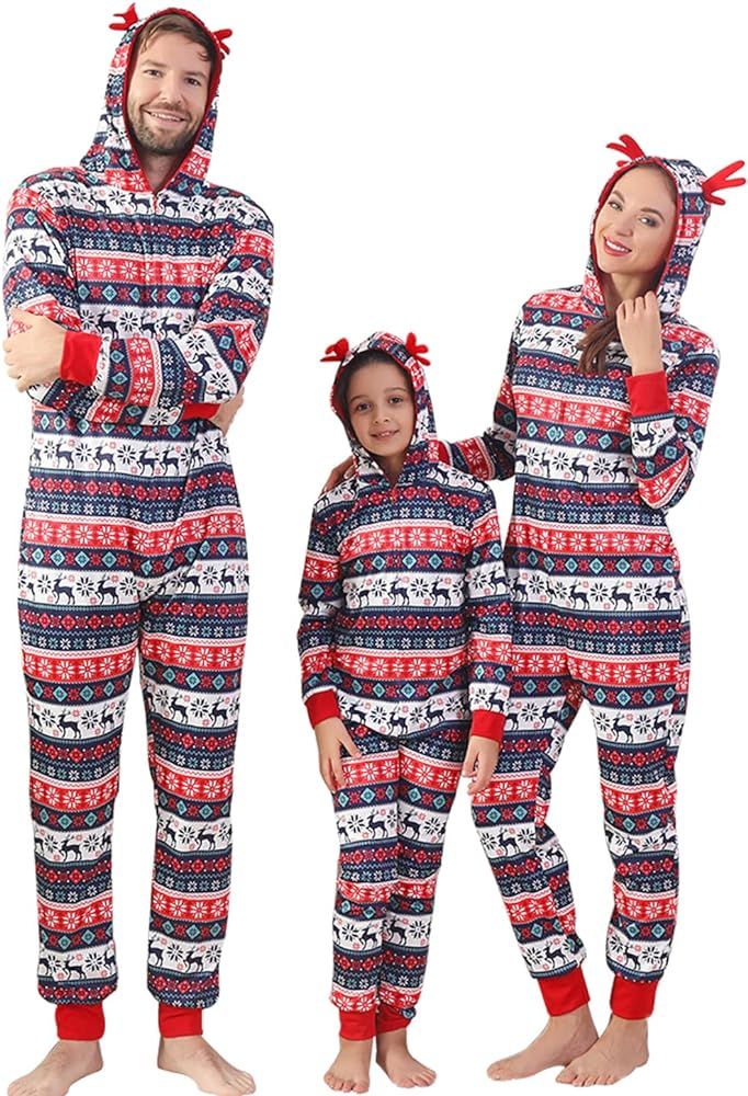 ANGELGGH Family Matching Christmas Onesie, Cute Vacation Reindeer Print One Piece Pajamas, Hooded... | Amazon (US)