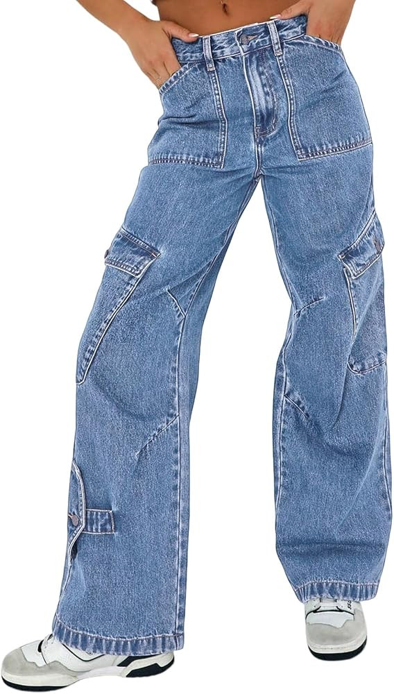EVALESS Cargo Jeans for Women Trendy High Waistd Wide Leg Denim Pants Casual Baggy Cargo Pants wi... | Amazon (US)