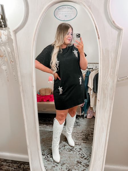 Tshirt dress, Nashville outfit, country concert outfit, white boots

#LTKunder100 #LTKcurves