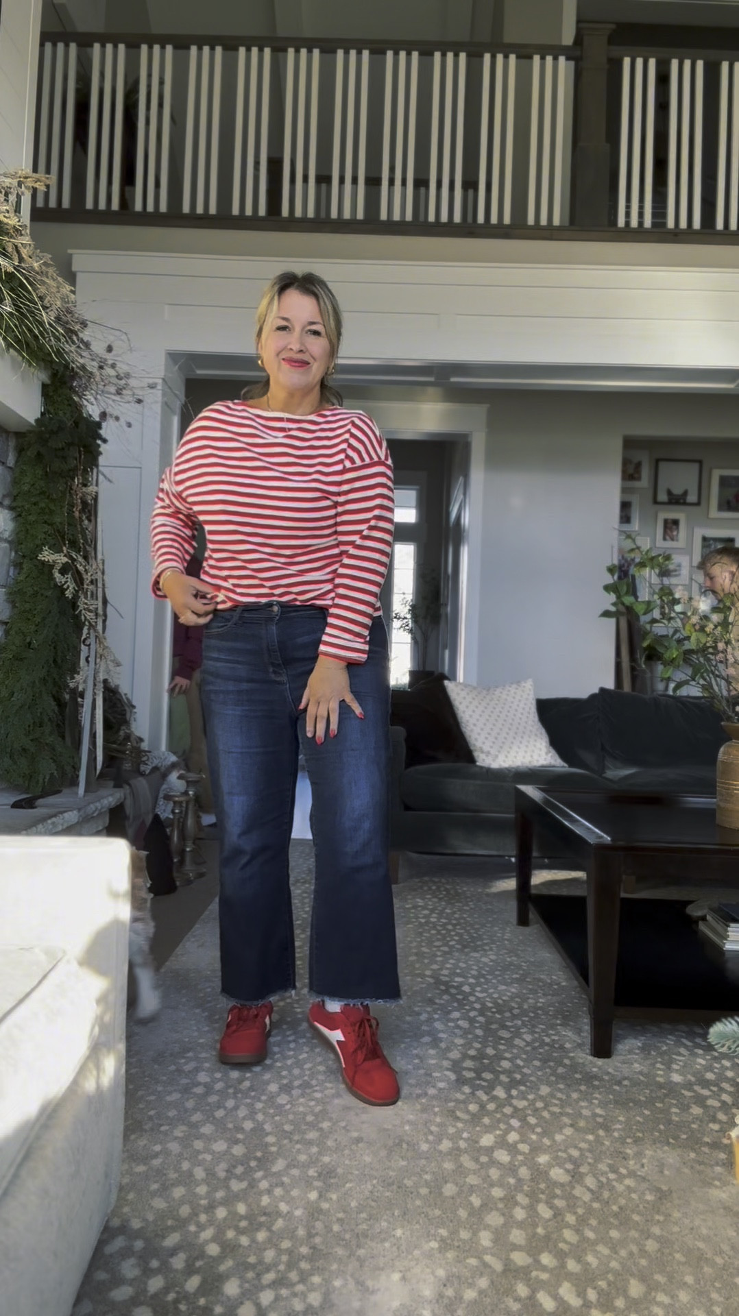 Feeling comfy and confident in this classic striped top and flare jeans combo! Adding a pop of red sneakers to keep it casual and fun. Perfect for running errands or enjoying a relaxed day. Who else loves pairing bold stripes with bright accents? Let me know how you’re styling your everyday looks!
#walmart #target #jeans #redsneakers 

#LTKMidsize #LTKStyleTip #LTKOver40