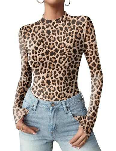 Zeagoo Women's Sheer Mesh Fitted Long Sleeve Cheetah Tops Mock Neck Going Out Shirts Nightout Clubwear Tee XXL | Amazon (US)